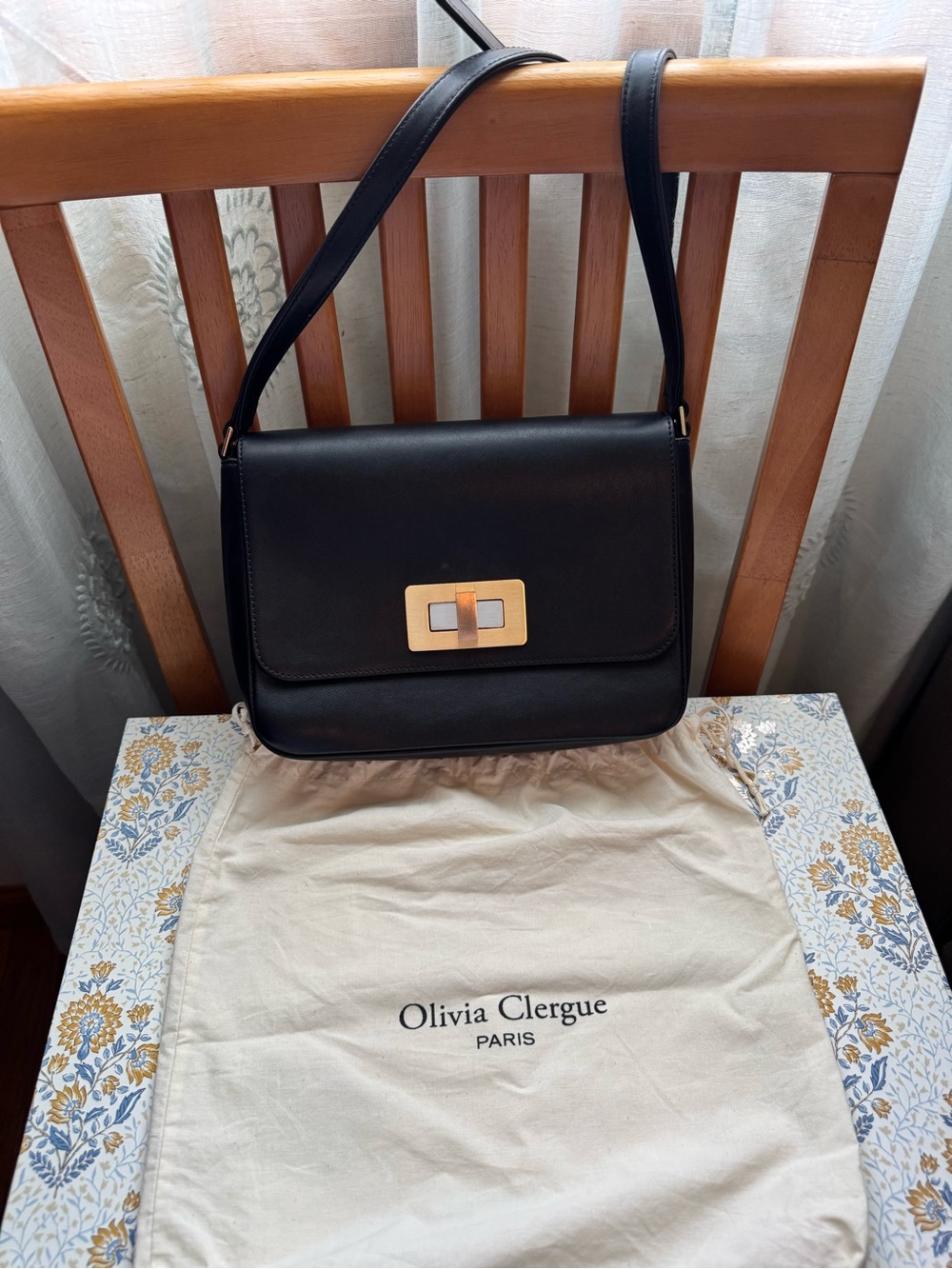 Olivia Clergue crossbody. Black Leather Shoulder Bag with Gold-Tone Turn Lock
